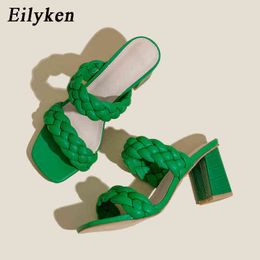 Eilyken Summer Weave Women Slippers Slides Open Toe Low High Heels Shoes Sandal Female Leisure Beach Green White Flip Flops