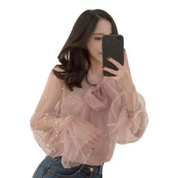 Women's Blouses & Shirts Gowyimmes Autumn Sweety Girl Beading Shirt Sexy Women Hollow Out Mesh Blouse Lady Long Sleeve Bow Tie Blusas Tops P