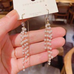 Fashionable Long Pearl Tassel Inlaid Diamond Earrings For Women Korean Fashion Dangle Earring Birthday Party Daily Wear Jewelry Gifts