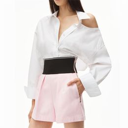 Summer All-match Fashion Design Letter Elastic Webbing Splicing High Waist Side Zipper Casual Ladies Shorts 220419