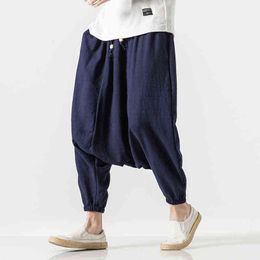 2022 Men Drop Crotch Wide Legs Pants Mens Chinese Style Linen Harem Pants Male HipHop Streetwear Joggers Cross Trousers L220706