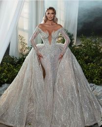 Saudi Arabia Mermaid Wedding Dresses with Detachale Train Off Shoulder Long Sleeve Beads Illusion Bridal Gowns Robe de mariée