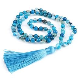 Anhänger Halsketten Natürliche Blau Gestreifte Achate Stein Halskette Handgemachte Geknotete Quaste Mala Perlen Für Frauen Männer Böhmischen Yoga Schmuck GeschenkPend