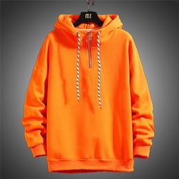 Autumn Winter Thick Men Streetwear Hoodies Sweatshirts Pure Color Hoodies Orange Pullover Warm Fleece Hoodies Men Fashion Tops 201130