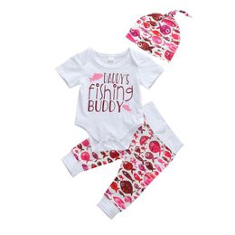 Clothing Sets Fashion Baby Girls Clothes Letter Print Cotton Short Sleeve Romper Tops+Long Pants+Hat Summer 3PCS Outfits Set