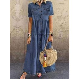 Long Solid Mercerized Denim Pleated Short Sleeve Shirt Dress Fashion Style Summer Splicing Cardigan Vintage 220613