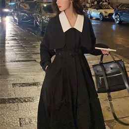 Elegant Black Midi Shirt Dres Gothic Korean Fashion Y2k Vintage Trench Office Lady Autumn Chic 220321
