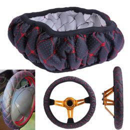 Steering Wheel Covers Full Hole Car Interior Handle Cover Elastic Black Red Synthetic Leather Embroidered For 38cm Diameter WheelSteering
