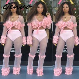 Women's Tracksuits Genuo Floral Mesh Sexy 2 Piece Set Women T Shirt Pants Two Perspective Night Club 2022 Bow Tie Pink Summer SetWomen's