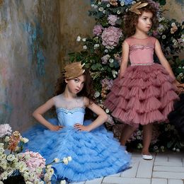 2022 Tutu Flower Girl Dresses Scoop Neck Appliqued Beaded Long backless Girl Pageant Gowns Ruffle Tiered Sweep Train Birthday Gowns