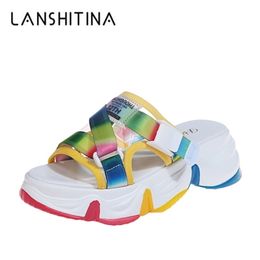New Rainbow Sole Flip Flops Women Slippers Peep Toe Rubber Wedges Shoes for Women Shoes Summer Platform Sandals Women 5cm 210402