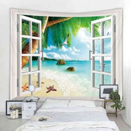 Beach Wall Carpet Coconut Palm Sea View Hanging Hippie Tapestry Polyester Fabric Home Decoration J220804