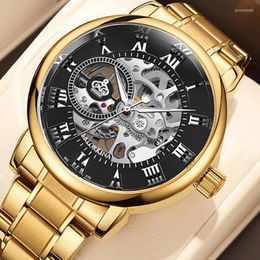 Wristwatches Men Watch Fashion Ultra Thin Watches Roman Business Stainless Steel Gold Belt Hollow Skeleton Relogio MasculinoWristwatches