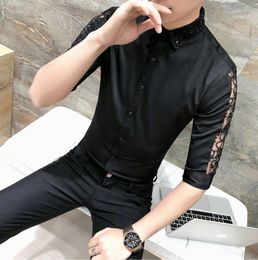 Men's Nightclub Personality Metrosexual Clothes Man Lace Stitching Half Sleeves Shirt Male Fashion Slim Tops 2 Colors M - 3X Casual Shirts