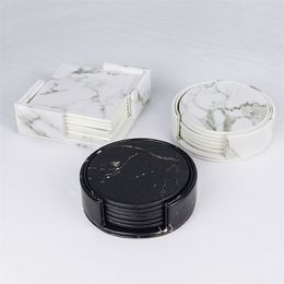 Marble Coaster Sets Drink Coffee Cup Table Mat PU Leather Tea Pad Black Dining Placemats Chic Decoration 6PCS 220610