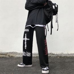 QWEEK Punk Hippie Wide Leg Pant Gothic Harajuku Streetwear Anime Street Style Mall Goth Black Print Trousers Hip Hop 220325