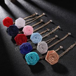 Handmade Fabric Flower Brooch Crystal Taseel Chain Lapel Pins Badge Men's Suit Wedding Party Brooches Korean Fashion Jewellery