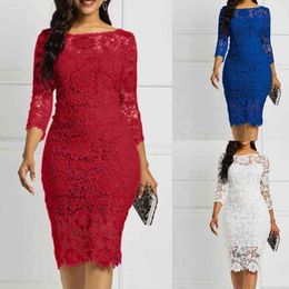 Women Round Neck Bodycon Hip Pencil Dress Three-quarter Sleeves Sexy Lace OL Knee-length Party Dress L220705