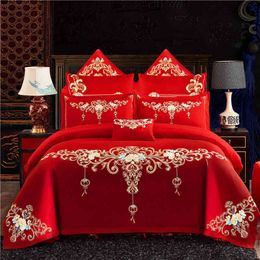 Xi Quilt Four Piece Set Bright Red Embroidered Newlyweds Bed Sheet Quilt Set Wedding Bedding Festive