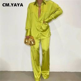 CM.YAYA Elegant Satin Women's Tracksuit Long Sleeve Shirt and Wide Leg Straight Pants Matching Sleepwear Two 2 Piece Set Outfits 220509