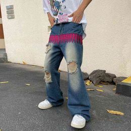 Frayed Hole Pink Nail Embroidery Retro Mens Jeans High Street Wash Knee Cut Hip Hop Baggy Denim Trousers Oversized Jean Pants T220803