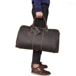 Duffel Bags Genuine Leather Men Travel Bag Large Capacity Women 20" Vintage Cow Glossy Work Luggage Carry On BagsDuffel