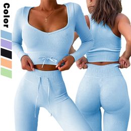 Seamless Yoga Set Women Two Piece Crop Top Long Sleeve Shorts pants Sportsuit Workout Outfit Fitness Female Sport Suit Gym Wear 220622