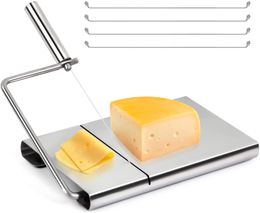 Kitchen Tools Cheese Slicer Stainless Steel Wire Butter Cutter with Serving Board with 4 Replacement Wires,Multifunctional Single-line Cheese Cutters for Home