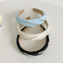 Fashion Women Headband Wide Side Pearls Hairband Solid Colour Elastic Sponge Headwear Girls Hair Accessories