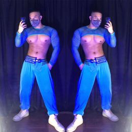 Stage Wear Nightclub Bar Men Blue Tights Hip Hop Trousers Set Male Dj Gogo Costume Rave Outfit Pole Dance Festival Clothing XS2673Stage Wear