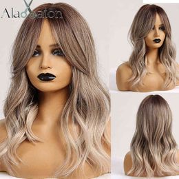 light ash blonde hair UK - Hair Synthetic Wigs Cosplay Alan Synthetic Hair Wig Ombre Brown Light Ash Blonde Medium Wave for Black Women Heat Resistant Fiber Daily False