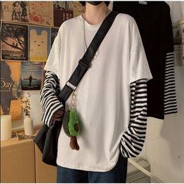 Long Sleeve Fake Twopiece T Shirt Striped Big Shirts Clothing Men Fashion Oversized Tees Clothes Tshirt 220811