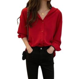 Women Spring Autumn Style Blouses Shirt Women VNeck Red Color Shirts Vintage Women Blusas Tops High Quality DF3640 210401