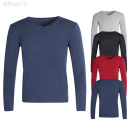 Men Sweater Knitted V Neck Autumn And Winter Basic Plain Style Solid color L220801