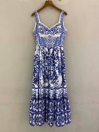 2022 spring summer new suspender lace blue and white porcelain dress