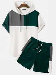 Men's Tracksuits CharmkpR Handsome Men Knitting Color Block Patchwork Sets Casual Male Loose Short Sleeve Hooded Shorts Two-piece S-2XLMen's