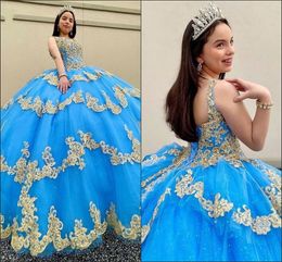 2022 Classic V-neck Quinceanera Prom Dresses Royal Blue And Gold Applique Beaded Crystal Cap Sleeve Tulle Formal Evening Gowns Sweet 15 16 Dress