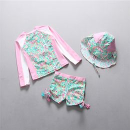 Pink Floral Sun Hat 3-Piece Girl Swimwear Children Toddler Baby Swimsuit Kids 2-Piece Swimming Long Sleeves Swim Wear Suit 220426