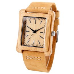 Wristwatches 2022 Unisex Bamboo Wooden Watches Rectangle Dial Luxury Genuine Leather Mens Nature Wood Wristwatch Male Relogio As Gifts