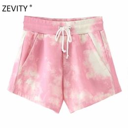 Zevity New women popular tie dye printing drawstring Shorts ladies high waist casual slim hot shorts chic pantalone cortos 210306