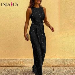 Elegant Women Jumpsuits Sequin Sleeveless Belt O Neck Long Loose Pants Ladies Playsuit Sexy Evening Jumpsuits Female T200509