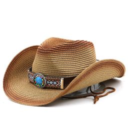Panama Straw Hat Summer Turquoise Ribbon Women Men Wide Brim Beach Sun Cap UV Protection Jazz Fedora Hat