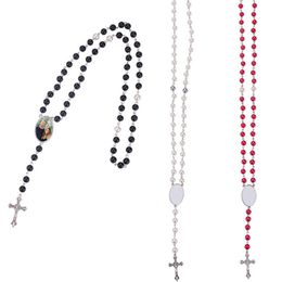 vintage sublimation blank cross necklace woman thermal transter ABS beads Photo Frame Red Purple Black white Beads for women long Pendant Necklaces Jewellery Gift