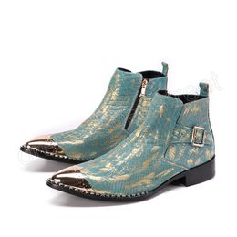 British Style Elegant Blue Snake Skin Men Cowboy Dress Wedding Short Ankle Boots Real Leather Gold Glitter Shoes Botines