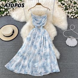 Atopos Summer Floral Sling Dress Beach Holiday Women Chiffon Midi Dresses Elegant Sweet Sundress Vestidos Robe Woman Clothing 220516
