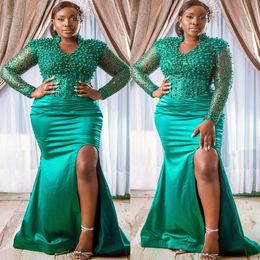 2022 Plus Size Arabic Aso Ebi Hunter Green Mermaid Prom Dresses Luxurious Pearls Evening Formal Party Second Reception Birthday Engagement Gowns Dress ZJ2660