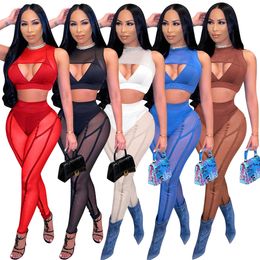 Hot Sell Mesh See Through Tracksuits For Women Sleeveless Hollow out Crop Top And Splicing Pants Slim 2 Piece Sets X1161