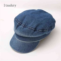 2021 New Fashion Autumn Winter Women Leisure Octagonal Hat Ladies Denim Beret Hat Cowboy Cap Newsboy Octagonal Beret Riding Hat J220722