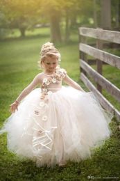 2022 Cute Princess Flower Girls Dresses Long Sleeves 3D Floral Beaded Ruffles Tulle Flowers Floor Length Birthday Girl Pageant Gowns