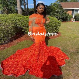 Black Girls Orange Prom Dress Mermaid Rose Bottom Plus Size African Evening Gowns Long Sleeve Lace Formal Party Gowns Reception Engagement Women Robes De Soirée 2022